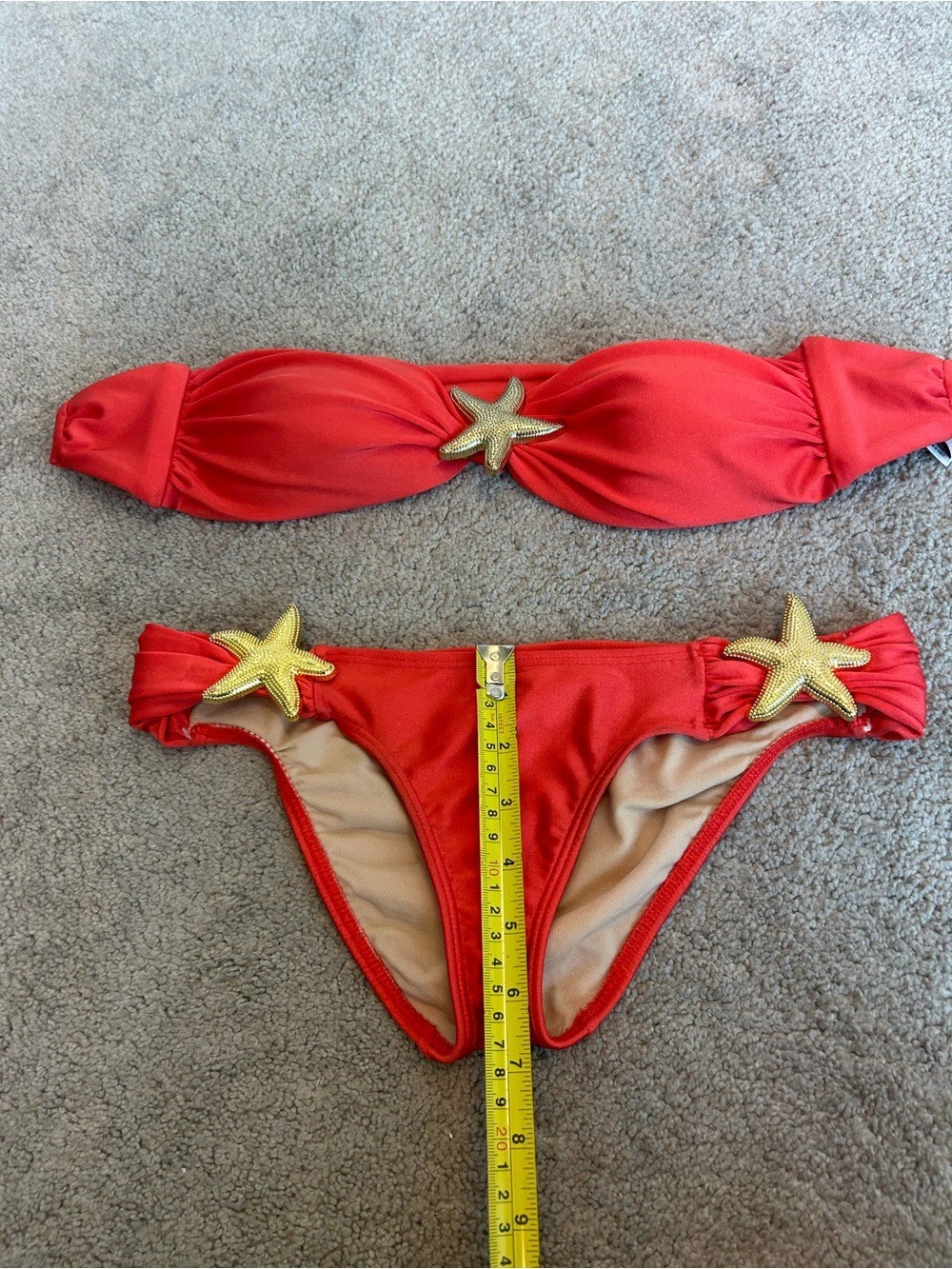 Luli Fama Coral Red Bandeau Bikini Gold Starfish 2-Piece Swimsuit XS NWOT - Picture 7 of 11